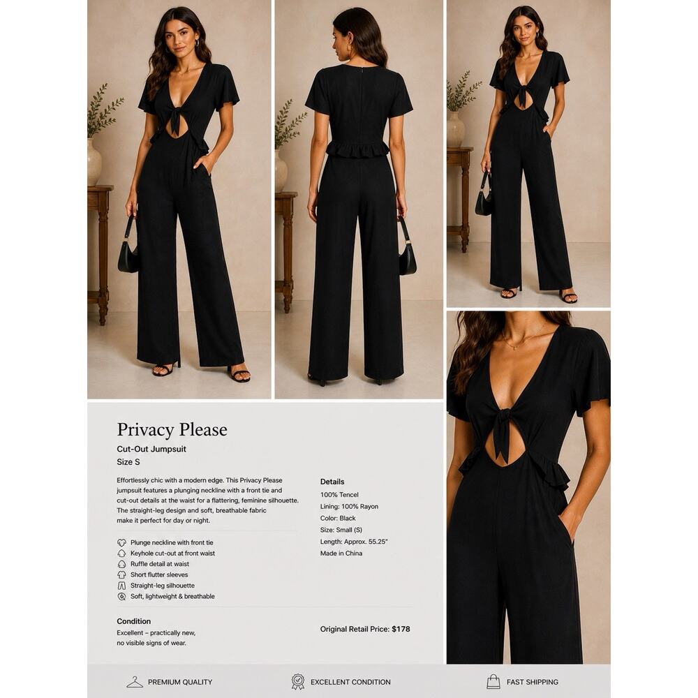 Privacy Please Black Cut-Out Jumpsuit – Size S – Wide Leg, Plunge Front, Chic
